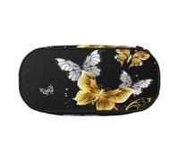 Gold White Butterflies Black Print Pencil Pouch for Kids Fun Pencil Case Pouch for Girls Large Pen Case with Zipper, Portable Pencil Bag Holder for School Sudent Teacher Stationery