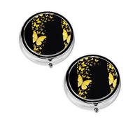 Gold White Butterflies Black Print Pill Box 3 Compartment Medicine Pill Case,Portable for Pocket Or Purse Pill Organizer Decorative Metal Medicine Vitamin Organizer Unique Gift