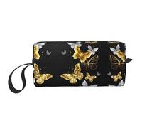 Gold White Butterflies Black Print Portable Cosmetic Pouch, Travel Storage Case, Zippered Organizer Bag for Quick Access