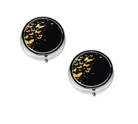 Gold White Butterflies Black -Print Portable Round Pill Box - Stylish Round Pill Organizer for Travel Compartments Gift for Medication Management