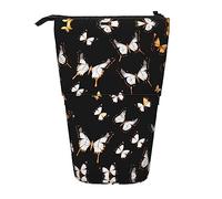 Gold White Butterflies Black Print Standing Pencil Case Telescopic Pencil Bag Pop Up Pencil Pouch Pen Pouch Makeup Cosmetics Bag