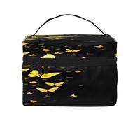 Gold White Butterflies Black -Print Waterproof Large Cosmetic Bag for Travel & Gym, Makeup Organizer with 4 Elastic Straps & Compartments,Premium Twill Fabric.