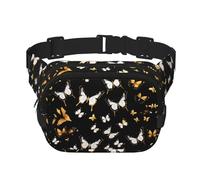 Gold White Butterflies Black print Womens Fanny Pack Everyday Hip Pouch Waist Bag for Travel Outdoor Running Hunting for Adult, Black, One Size