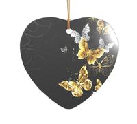 Gold White Butterflies Black Printed Heart Shape Xmas Ornaments 1PCS, Christmas Acrylic Pendant Hanging for Xmas Tree Home Indoor Outdoor Decor 1