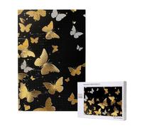 Gold White Butterflies Black Printed Jigsaw Puzzle with Storage Box, Wooden Puzzle for Adults and Kids, 1000 Pieces Family Fun Decorative Game