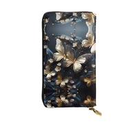 Gold White Butterflies Black Printed leather wallet, 7.5 x 4.1-inch long credit card holder, portable travel cash wallet