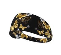 Gold White Butterflies Black Printing Double-Sided,Unisex Elastic Sports Headband,Ideal As A Gift For Sports-Loving Friends,Family