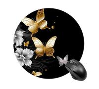 Gold White Butterflies Black Round Mouse Pad, Non-Slip Rubber Base Waterproof Washable, Computer Mouse Mat for Office Gaming Studying, Premium-Textured Durable Portable Circle Mousepad for Desktop PC