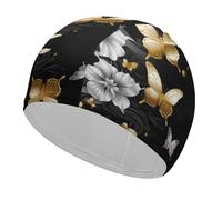 Gold White Butterflies Black Swim Cap Unisex Adult Swimming Cap Non Slip Pool Hat Comfortable Durable Easy to Put On and Off Waterproof Swim Hat Keep Hair Dry