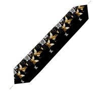 Gold White Butterflies Black Table Runner for Dining Table, Short Plush Runners Washable & Durable Tablerunner Modern Home Decor for Wedding, Kitchen, Holiday 200*33cm