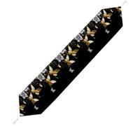 Gold White Butterflies Black Table Runner for Dining Table, Short Plush Runners Washable & Durable Tablerunner Modern Home Decor for Wedding, Kitchen, Holiday 229*33cm