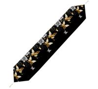 Gold White Butterflies Black Table Runner for Dining Table, Short Plush Runners Washable & Durable Tablerunner Modern Home Decor for Wedding, Kitchen, Holiday 178*33cm