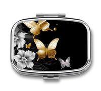 Gold White Butterflies Black Travel Pill Organizer A Daily Pill Box for Supplements 2 Compartment Pill Case Convenient for Carrying and Storing Medicines Box