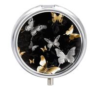 Gold White Butterflies Black3 Compartment Travel Pill Case, Sealed Portable Pill Container Mini Size Metal Pills Box for Pocket Purse, Three Times A Day Pills Organizer for Men, Women