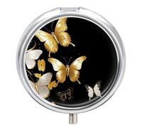 Gold White Butterflies Black3 Compartment Travel Pill Case, Sealed Portable Pill Container Mini Size Metal Pills Box for Pocket Purse, Three Times A Day Pills Organizer for Men, Women