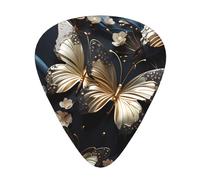 Gold White Butterflies BlackGuitar Picks, 12-Piece Pattern Set, Three Different Thicknesses for Acoustic Electric Guitar and Other Instruments