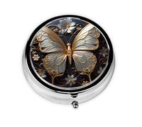 Gold White Butterflies This Small, Round, Three-Compartment Travel Pill Box is Perfect for Storing Daily medications, Vitamins, and on-The-go.