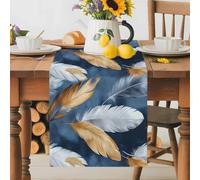 Gold White Feather Table Runner 13x70 Inches Long Blue Style Abstract Oil Painting Simple Cotton Linen Table Runner Burlap Style for Dinner Table Party Decor Tabletop Decorations