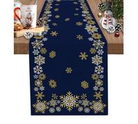 Gold White Snowflakes Christmas Table Runner, Winter Xmas Holiday Cotton Linen Tablecloth Holiday Farmhouse Table Decor for Home,Kitchen,Dining Room,Indoor,Outdoor,13X120 Inches Extra Long, Navy Blue