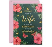 Gold Wife Birthday Card, Butterflies & Flowers