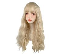 Gold Wig with Bangs Long Wavy Wig for Women Lolita Wigs Natural Looking Full Synthetic Curly Wigs for Daily Party Use