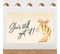 Gold Wine Glass and High Heels She's Still Got It! Backdrop - Glam Birthday/Anniversary Party Photo Booth Decor Background for Women Girls 20th 30th 40th 50th Party Decorations Supplies