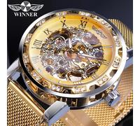 (gold) Winner Golden Watches Men Skeleton Mechanical Watch Crystal Mesh Slim Stainless Steel Band Top Brand Luxury Hand Wind Wristwatch Business Watch