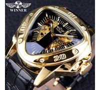 (gold) Winner Steampunk Fashion Triangle Golden Skeleton Movement Mysterious Men Automatic Mechanical Wrist Watches Top Brand Luxury