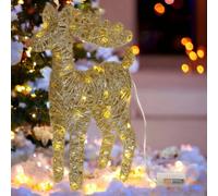( Gold with Glitter) 2x LED Light Up Christmas Reindeer Rattan Metal Wire Stag Statue Decoration 45cm