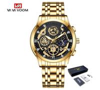 (gold, With Packaging) VA VA VOOM Fashion Luminous Quartz Watches Men Business Watch Male Stainless Steel Mesh Belt Skeleton Quartz Wrist Watch Relogio Masculino Male Clock