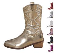 Gold Women Western Cowboy Boots Metallic Pointed Toe Embroidered Cowgirl Boot Mid-Calf Pull-On Chunky Heel Ankle Mid Shaft Fashion Boots Country Music Festival Vintage Calf Length Booties UK 7.5