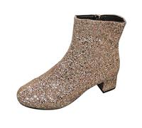 Gold Women's Glitter Sequins Ankle Boots Mid Block Chunky Heels Sparkly Booties Ladies Zipper Party Prom Booties with Size Zip Footwear Size 4.5