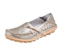 Gold Women's Loafers & Moccasins Comfort Wide Fit Walking Cute Flat Loafer Flower Hollow Out Soft Cowhide Leather Loafer Flat Shoes Slip-Ons Ladies Loafers Slippers Footwear UK Size 7.5