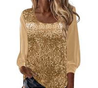 Gold Women's Sequin Square Neck Velvet Tops - Long Sleeve Ladies Sparkly Tops Party Blouses & Shirts Casual Glitter Velour Loose Tunic Tshirt Evening Wear for Christmas