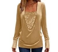 Gold Women's Velvet Sequin Tops, Long Sleeve Sparkly Tshirt Square Neck Glitter Shirts & Blouse Plus Size Xmas Party Evening Club Ladies Top UK
