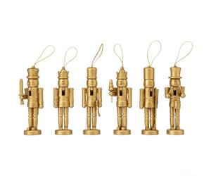 Gold Wooden Nutcracker Ornaments 13cm 6pcs Hanging | Handcrafted wood, matte gold finish, pre-attached silk string, 13cm compact size, set of 6 unique designs