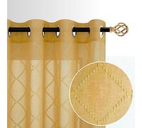 Gold Yellow Vintage Retro Curtains for Living Room 2 Panels Set Grommet Semi Sheer 70s Antique Geo Lattice Embroidery Pattern Art Deco Luxury Curtain Drapes for Bedroom Dining Room,96 Inch Length