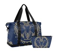 Gold Zodiac Sign Aries Navy Blue Duffel Bags Travel Weekender Gear Bag with Adjustable Strap for Gym Foldable, gold zodiac sign Aries navy blue, One Size