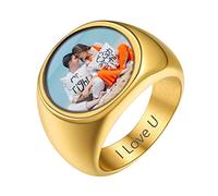 GOLDCHIC JEWELRY Gold Classical Signet Pinky Ring with Photo Simple Stainless Steel Round Band Ring For Men, Size V 1/2