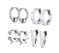 GoldChic Mens Silver Huggie Earrings Stainless Steel Small Beads Spike Triangle Octagon Hoop Hip-Hop Punk Rap Pierced Hypoallergenic Earrings Men's Jewellery Gift 4 Piece Set