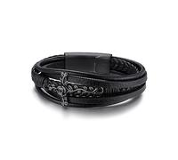 GoldChic Multi-Layer Bracelets Rope, Black Plated Vintage Cross Leather Cord Bracelet Magnetic Clasp, Hip Hop Bracelets for Rock Man
