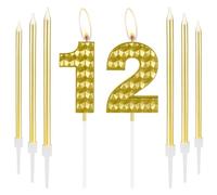 Golden 12th Birthday Decorations - Gold Birthday Number 12 Candles, Girls & Boys Party Decor, Gold Cake Topper for Women, Men, Wedding & Anniversary