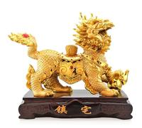 Golden 13" Chinese Feng Shui Kylin Statue - Resin Fire Qilin Ornament for Wealth, Prosperity & Good Luck - Female Chi-Lin Figurine for Home and Office Decor