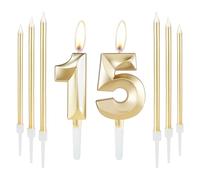 Golden 15th Birthday Cake Candle Set with 6 Long Candles and Golden Candle Cake Topper