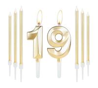 Golden 19th Birthday Cake Candle Set with 6 Long Candles and Golden Candle Cake Topper