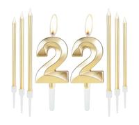 Golden 22nd Birthday Cake Candle Set With 6 Long Candles, Number Candle and Cake Topper for Party, Wedding, Anniversary Decoration