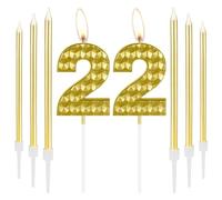 Golden 22nd Birthday Candles - Girls & Boys Decorations, Gold Number 22 Cake Toppers for Women & Men's Birthday Parties & Weddings