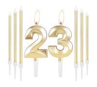 Golden 23rd Birthday Cake Candle Set With 6 Long Candles, Number Candle and Golden Cake Topper for Party, Wedding, Anniversary Decoration