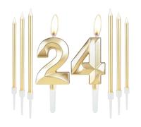 Golden 24th Birthday Cake Candle Set With 6 Long Candles, Number Candle and Cake Topper for Party, Wedding, Anniversary Decoration