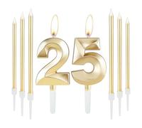 Golden 25th Birthday Cake Candle Set With 6 Long Candles, Number Candle and Cake Topper for Party, Wedding Anniversary Decoration